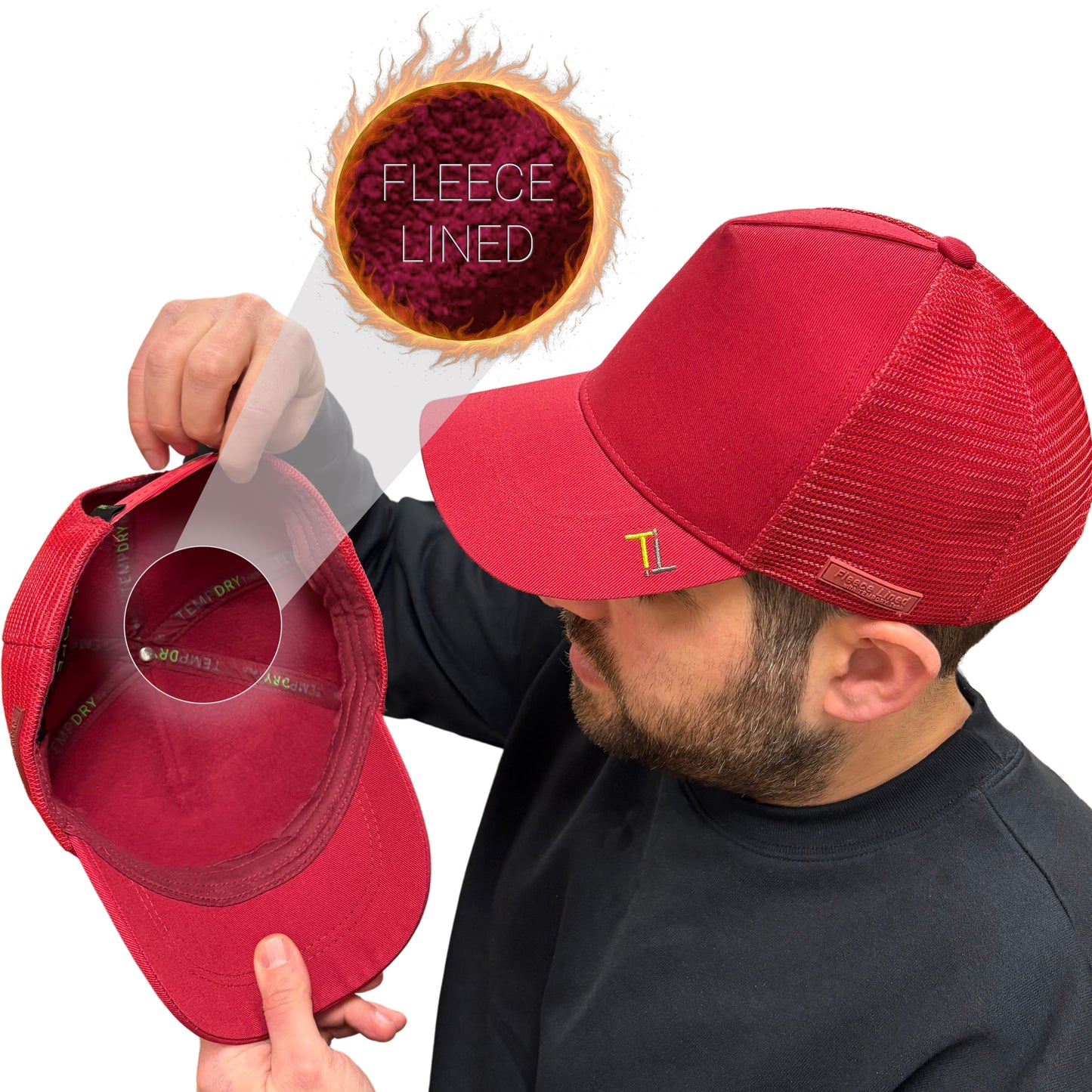 Temple Tape Fleece Lined Trucker Hats – Winter Hat - Designed for Men & Women – Mesh Back - Adjustable Snapback