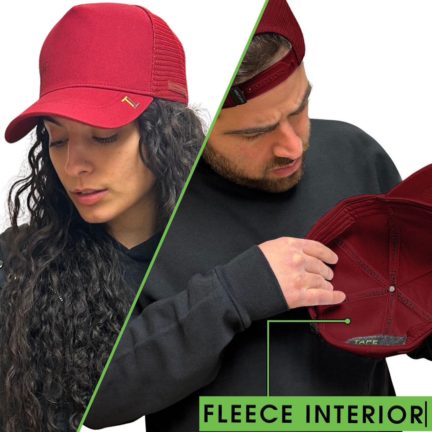Temple Tape Fleece Lined Trucker Hats – Designed for Men & Women – Mesh Back Adjustable Snapback Closure - UV Sun Protection