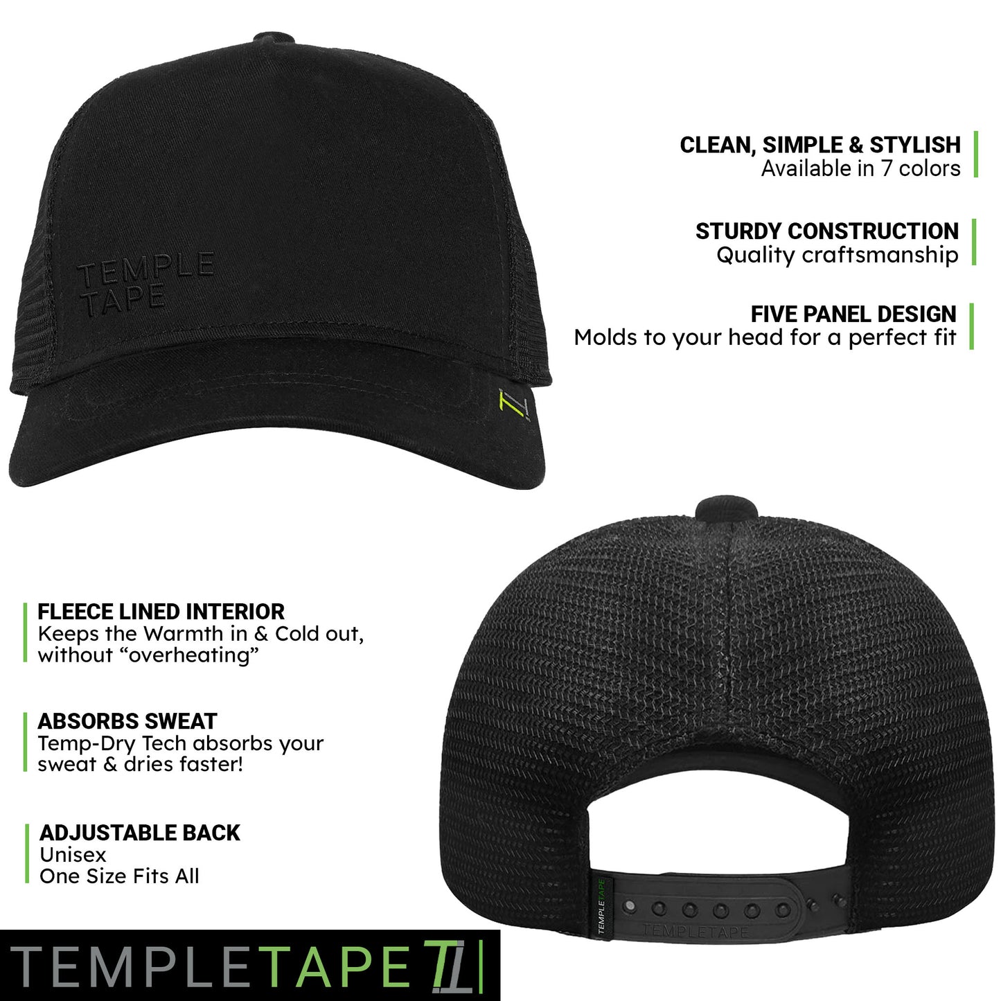 Temple Tape Fleece Lined Trucker Hats – Designed for Men & Women – Mesh Back Adjustable Snapback Closure - UV Sun Protection