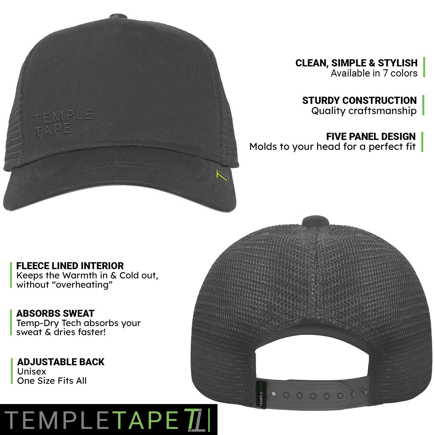 Temple Tape Fleece Lined Trucker Hats – Designed for Men & Women – Mesh Back Adjustable Snapback Closure - UV Sun Protection