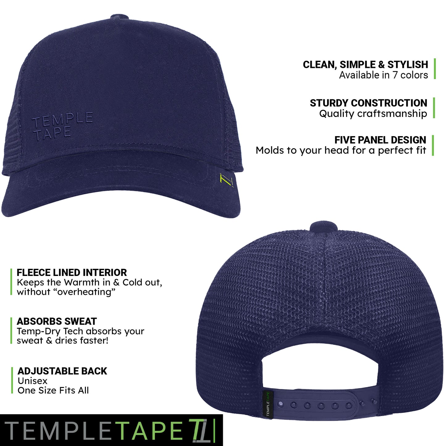 Temple Tape Fleece Lined Trucker Hats – Designed for Men & Women – Mesh Back Adjustable Snapback Closure - UV Sun Protection