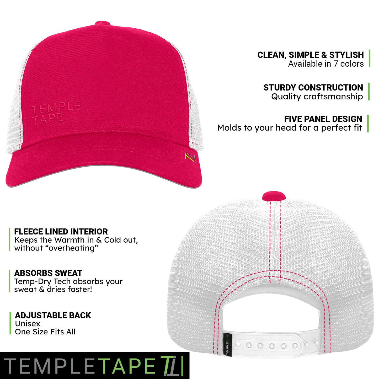 Temple Tape Fleece Lined Trucker Hats – Designed for Men & Women – Mesh Back Adjustable Snapback Closure - UV Sun Protection