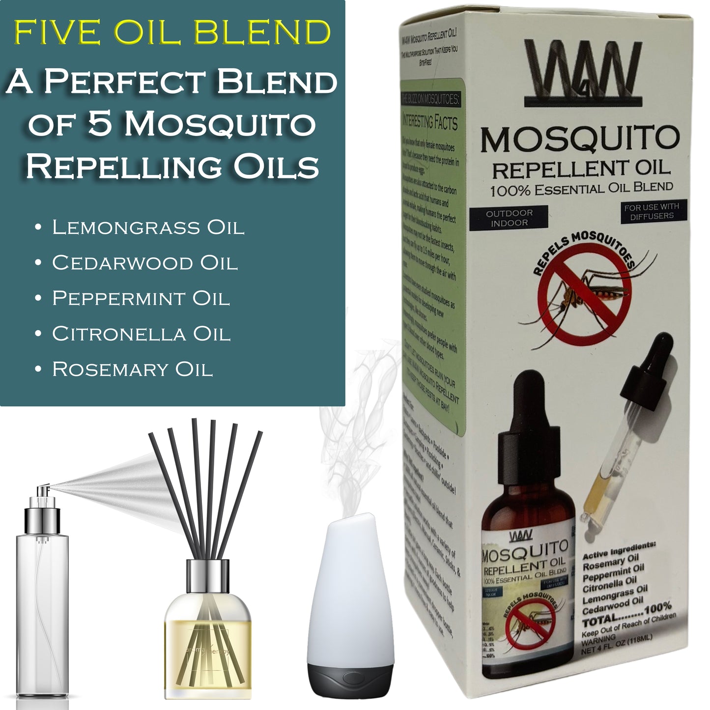 W4W Mosquito Repellent Oil - 100% Essential Oil Blend - 4 Ounce Dropper Bottle