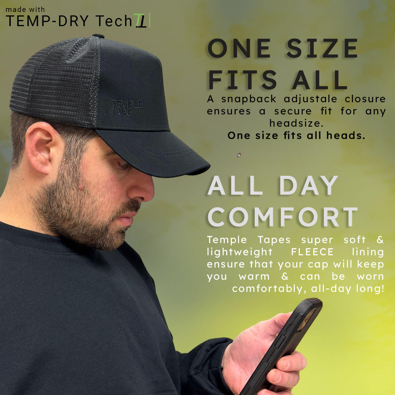 Temple Tape Fleece Lined Trucker Hats – Winter Hat - Designed for Men & Women – Mesh Back - Adjustable Snapback