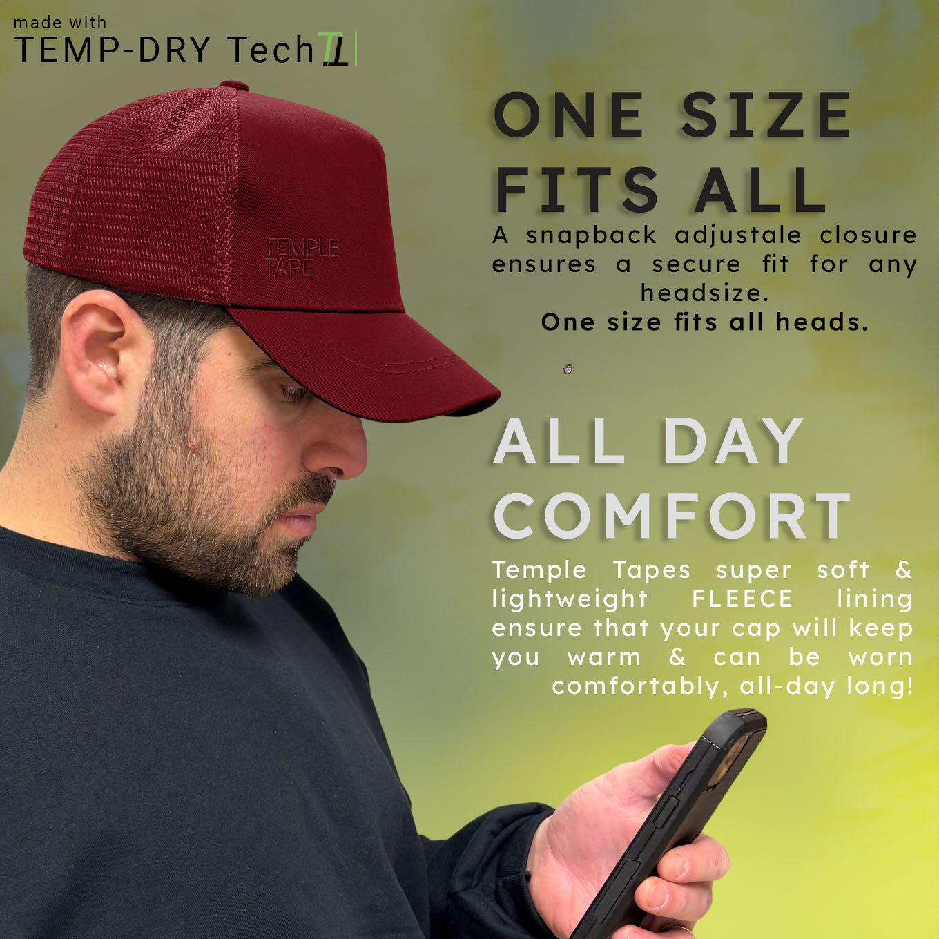 Temple Tape Fleece Lined Trucker Hats – Designed for Men & Women – Mesh Back Adjustable Snapback Closure - UV Sun Protection