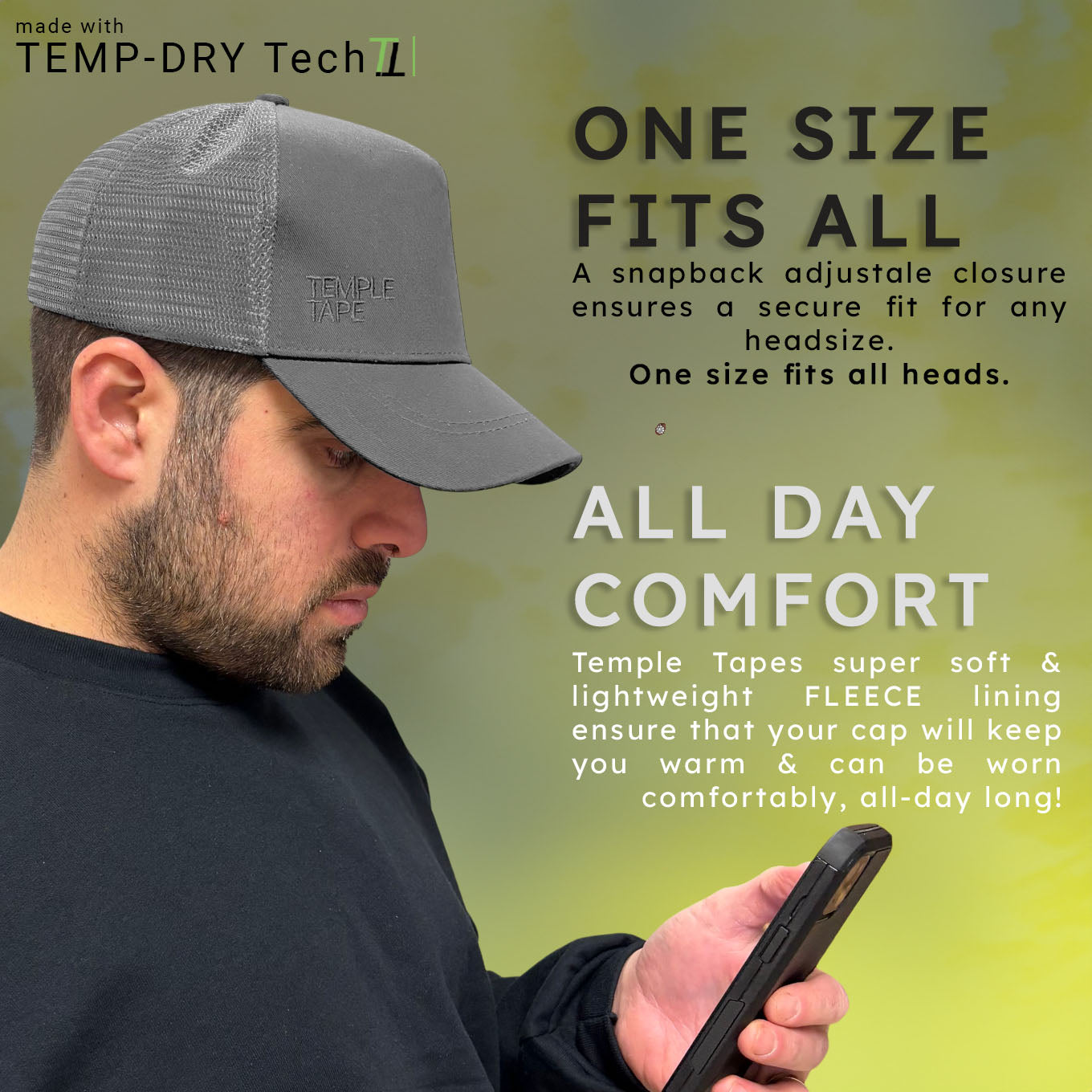 Temple Tape Fleece Lined Trucker Hats – Designed for Men & Women – Mesh Back Adjustable Snapback Closure - UV Sun Protection