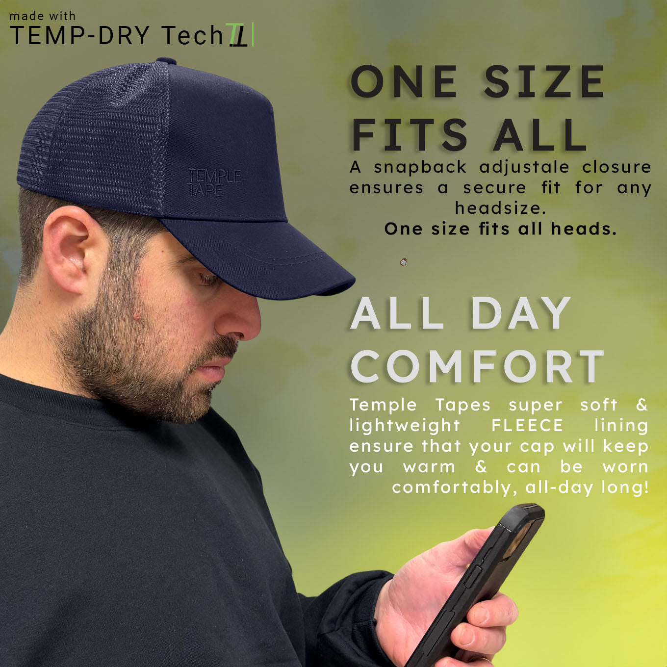 Temple Tape Fleece Lined Trucker Hats – Designed for Men & Women – Mesh Back Adjustable Snapback Closure - UV Sun Protection