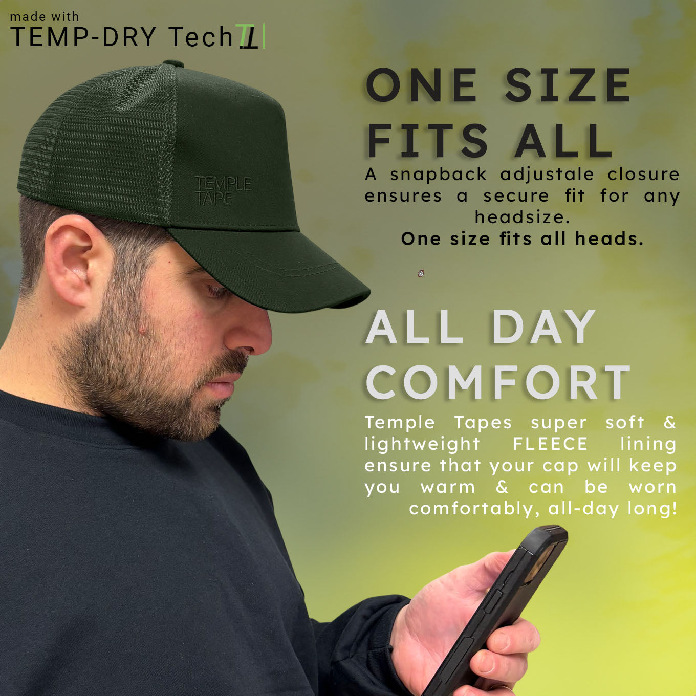 Temple Tape Fleece Lined Trucker Hats – Designed for Men & Women – Mesh Back Adjustable Snapback Closure - UV Sun Protection