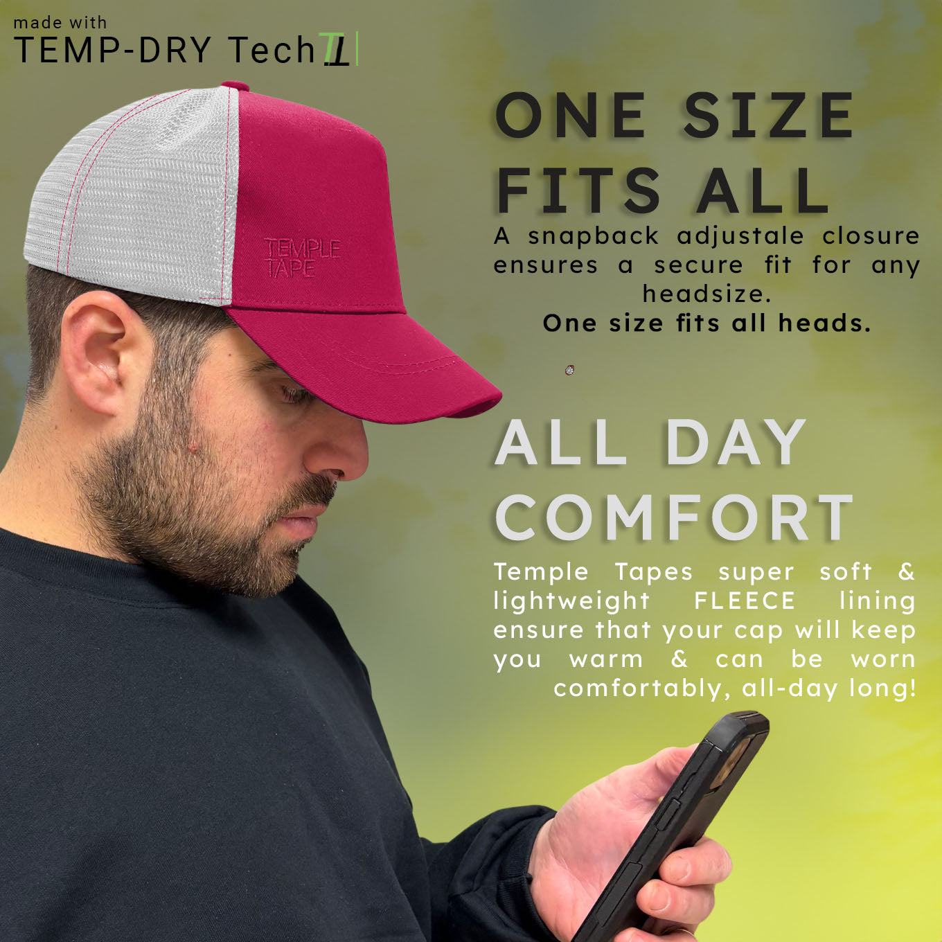 Temple Tape Fleece Lined Trucker Hats – Designed for Men & Women – Mesh Back Adjustable Snapback Closure - UV Sun Protection