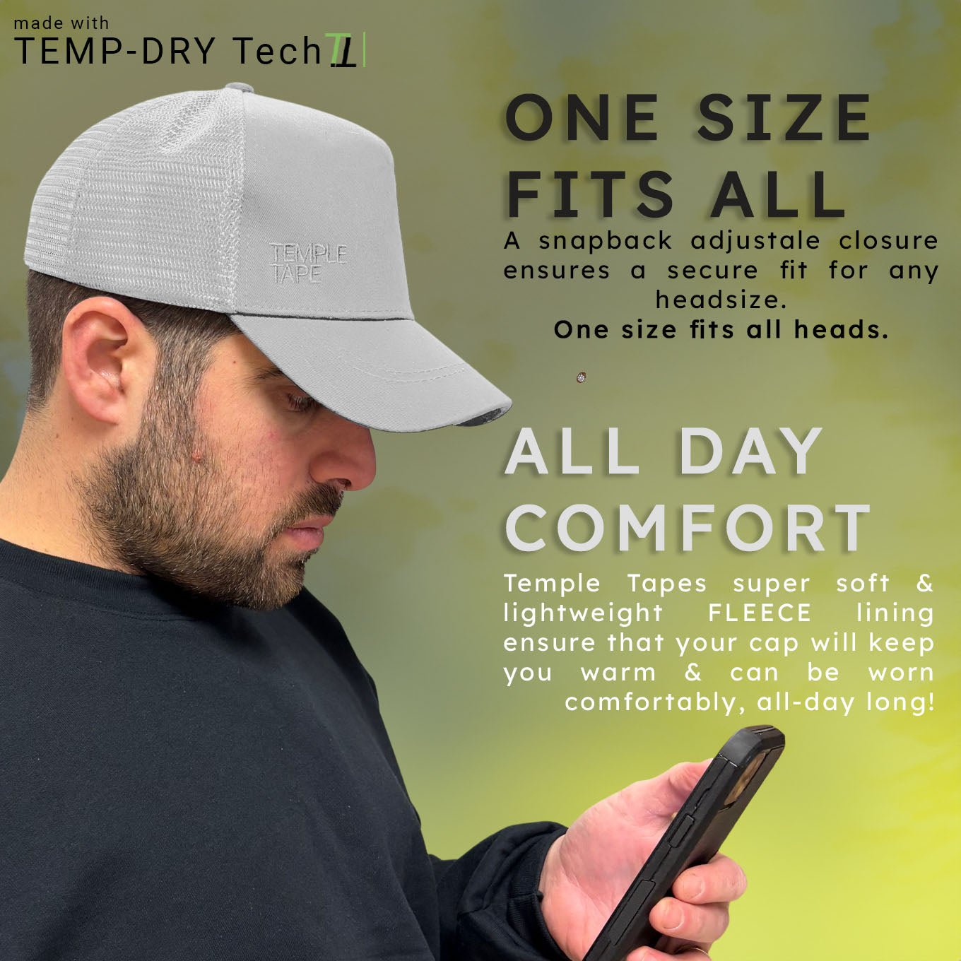 Temple Tape Fleece Lined Trucker Hats – Designed for Men & Women – Mesh Back Adjustable Snapback Closure - UV Sun Protection