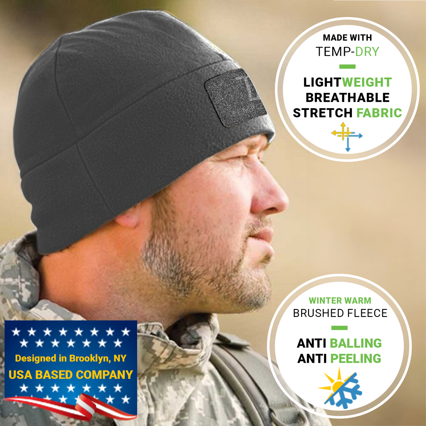 Temple Tape Premium Brushed Fleece Tactical Watch Cap Warm Beanie - Velcro Patch Beanies
