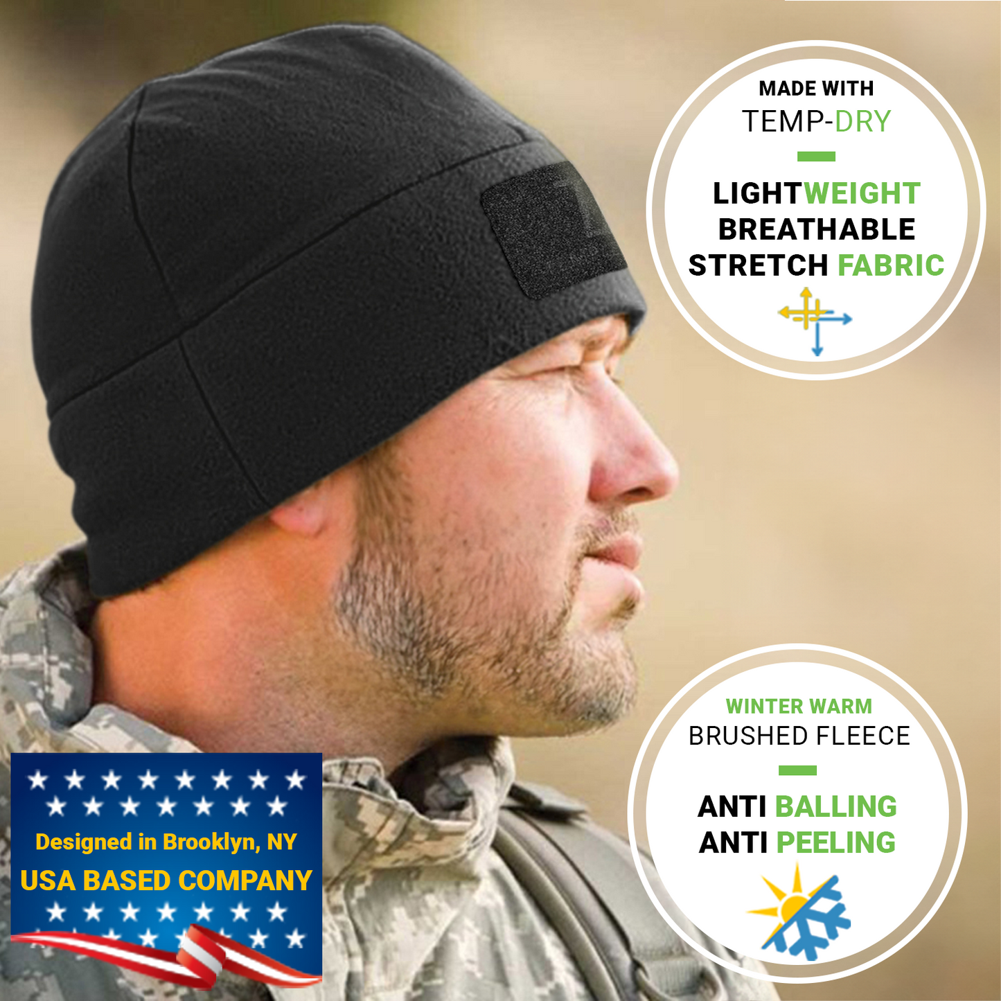 Temple Tape Premium Brushed Fleece Tactical Watch Cap Warm Beanie - Velcro Patch Beanies