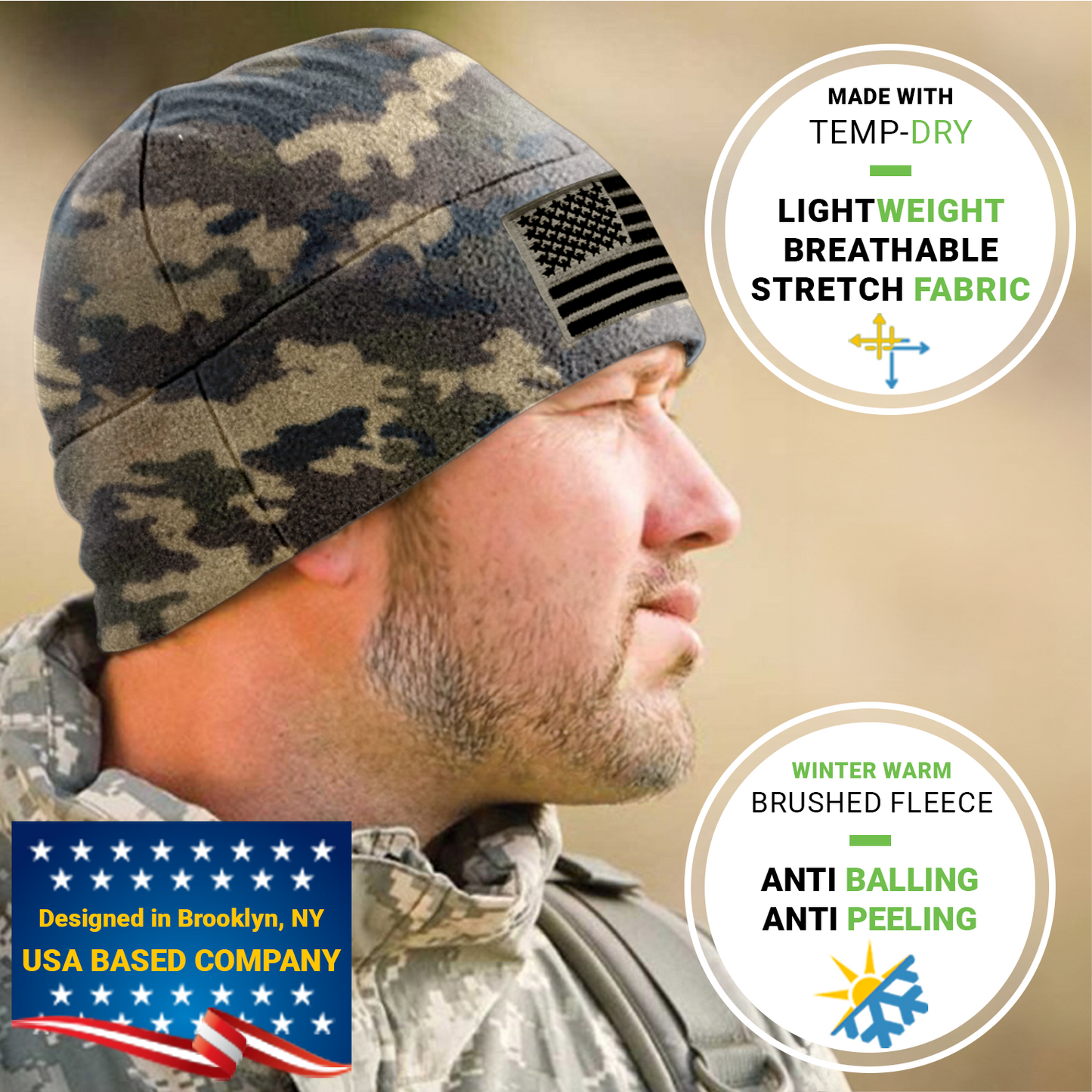Temple Tape Premium Brushed Fleece Tactical Watch Cap Warm Beanie - American Flag