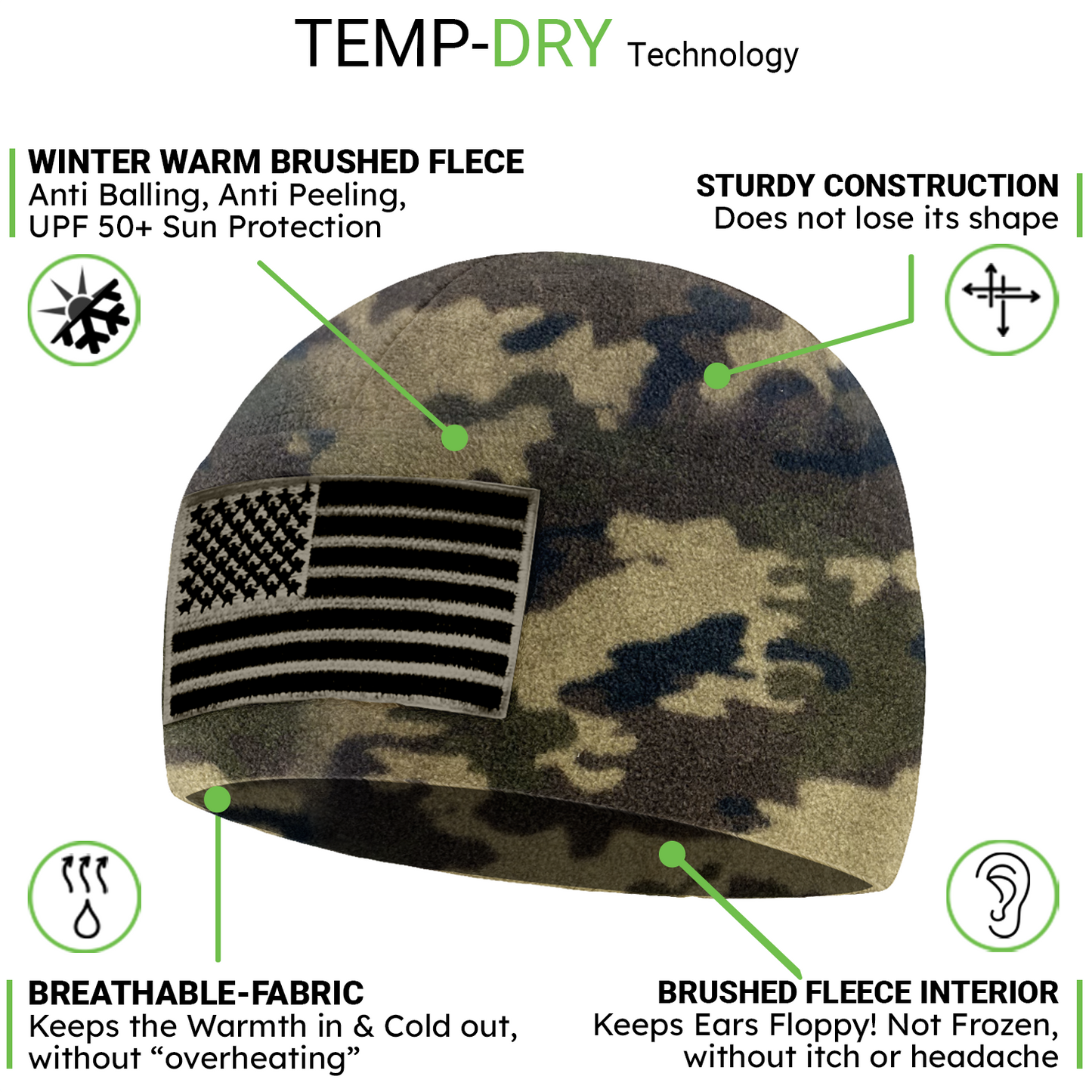 Temple Tape Premium Brushed Fleece Tactical Watch Cap Warm Beanie - American Flag