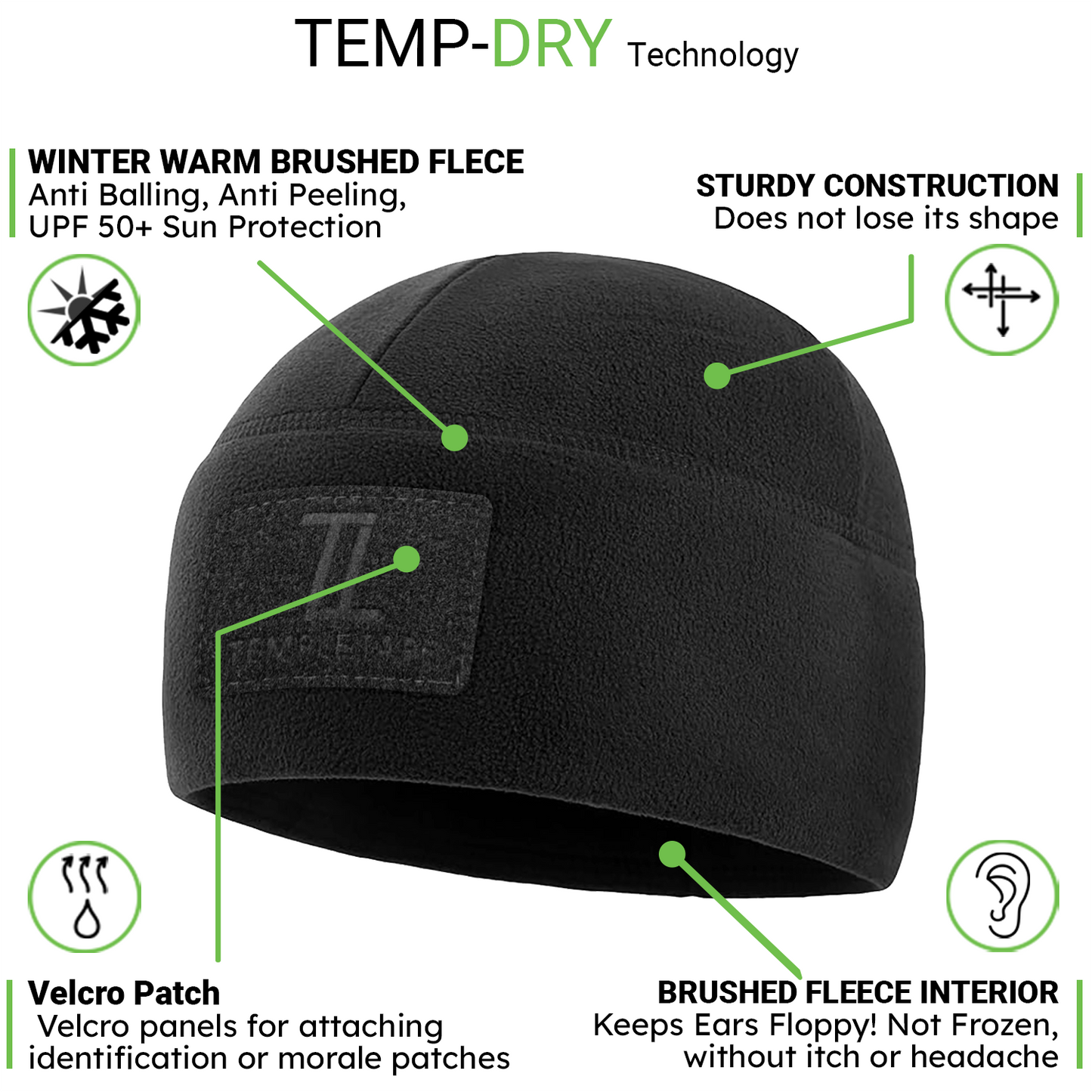 Temple Tape Premium Brushed Fleece Tactical Watch Cap Warm Beanie - Velcro Patch Beanies