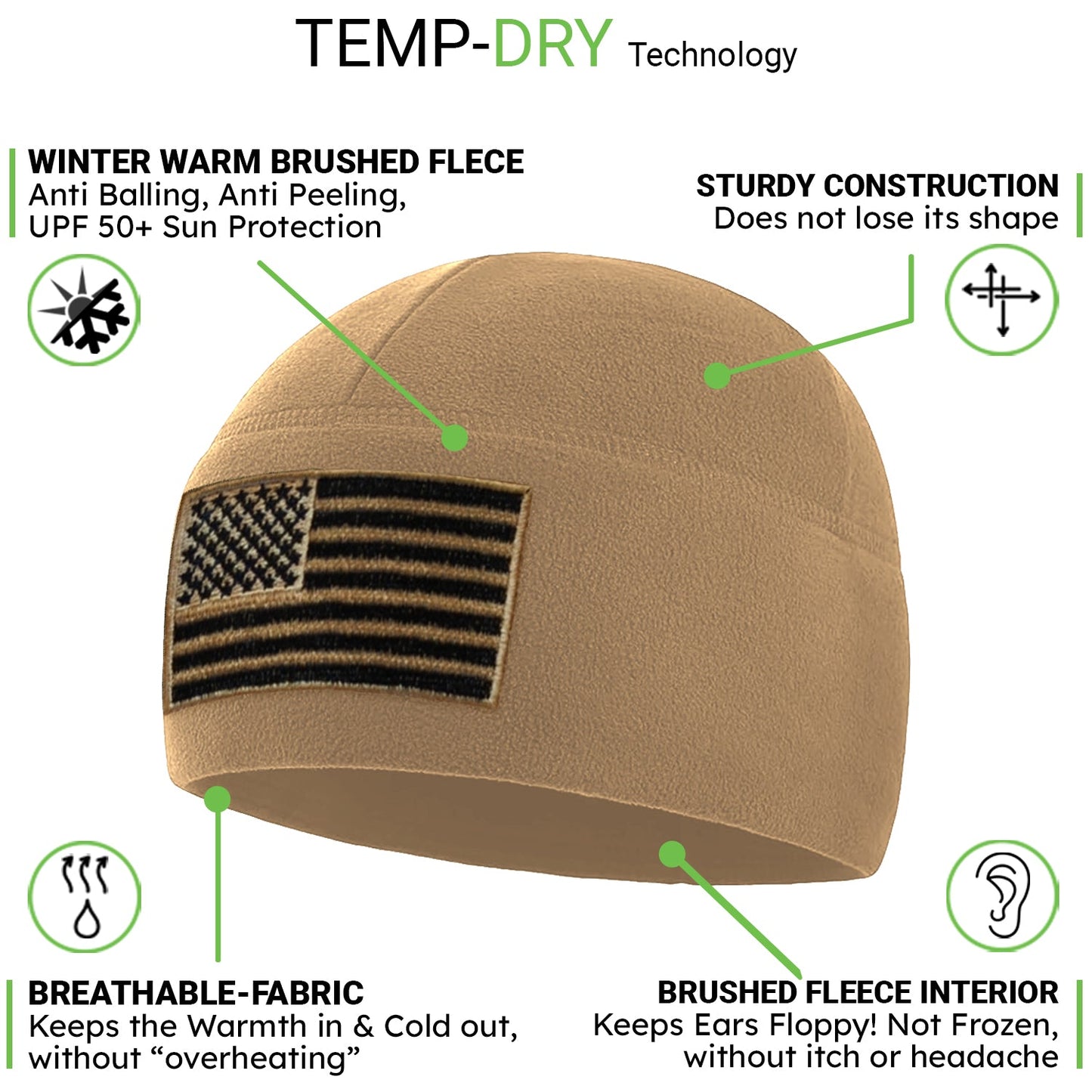 Temple Tape Premium Brushed Fleece Tactical Watch Cap Warm Beanie - American Flag