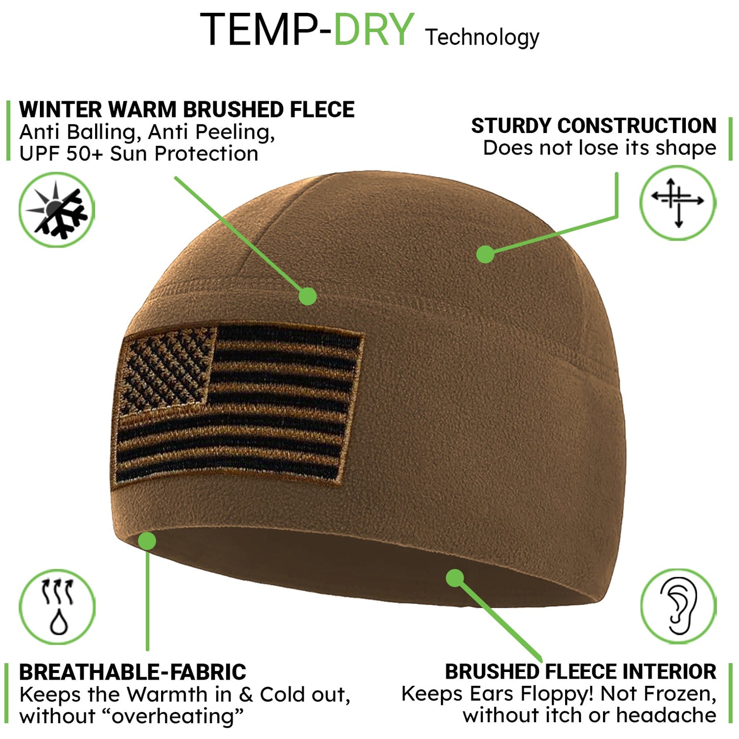 Temple Tape Premium Brushed Fleece Tactical Watch Cap Warm Beanie - American Flag