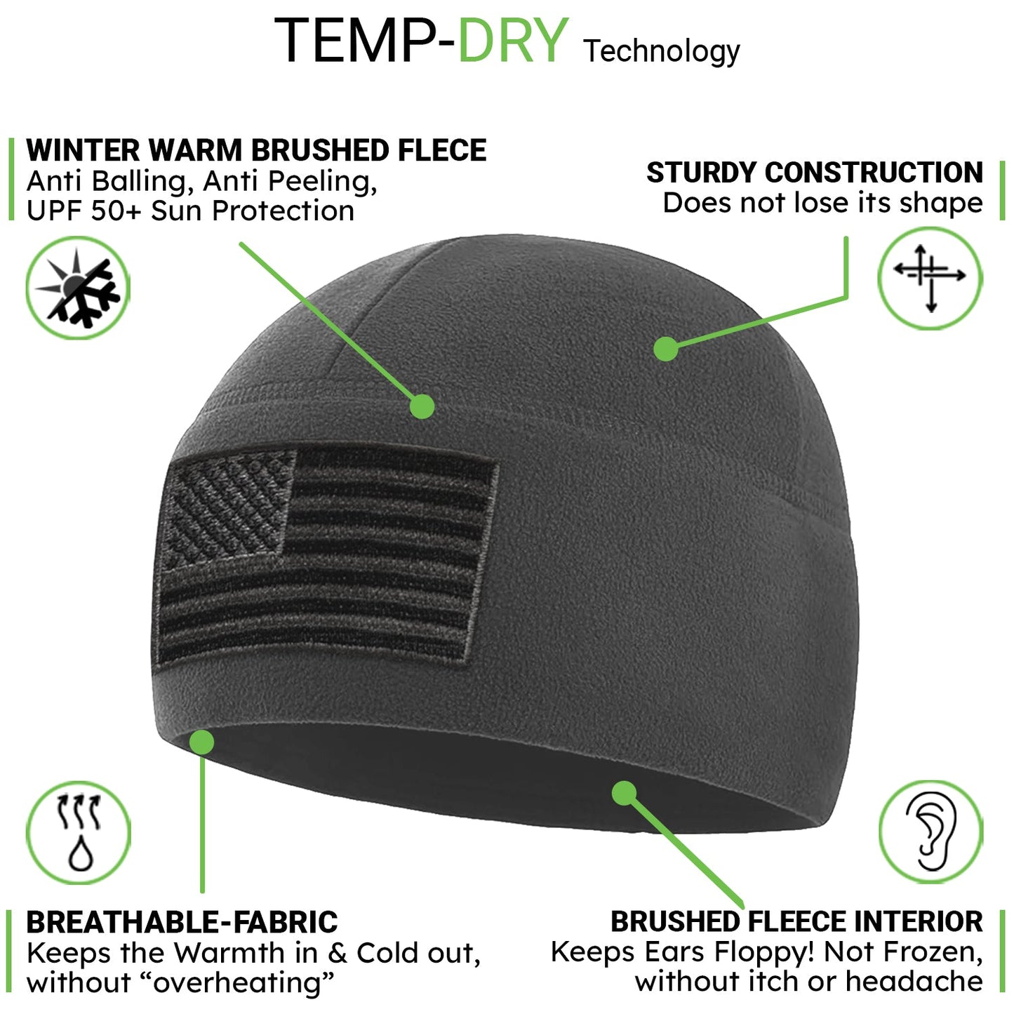 Temple Tape Premium Brushed Fleece Tactical Watch Cap Warm Beanie - American Flag
