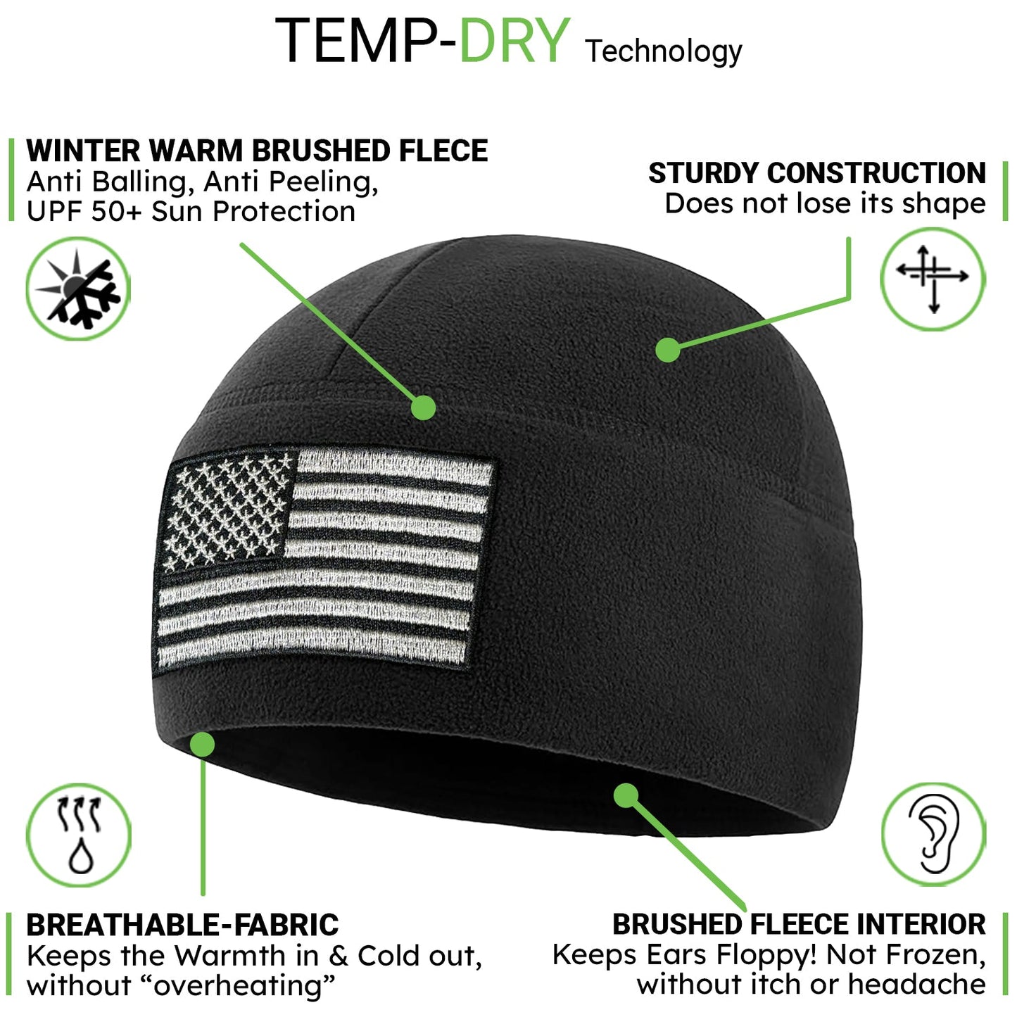 Temple Tape Premium Brushed Fleece Tactical Watch Cap Warm Beanie - American Flag