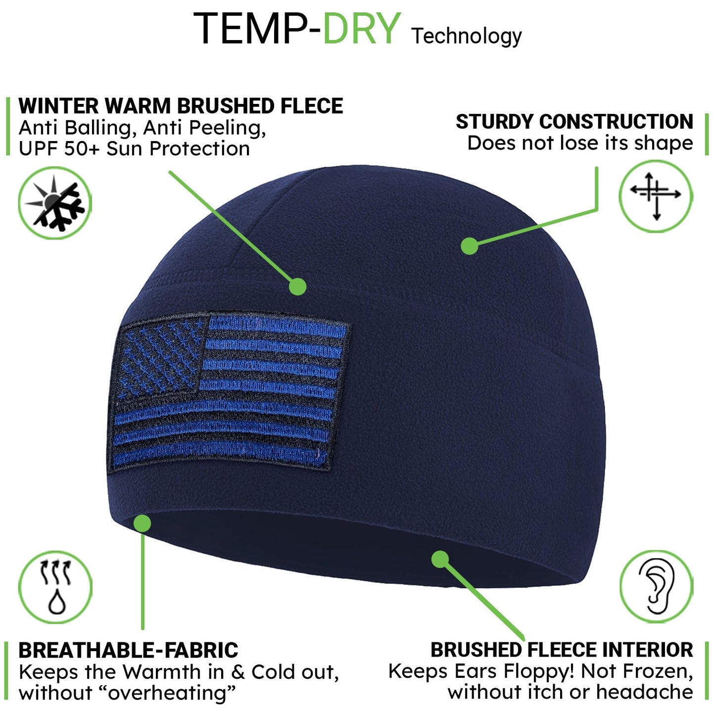 Temple Tape Premium Brushed Fleece Tactical Watch Cap Warm Beanie - American Flag