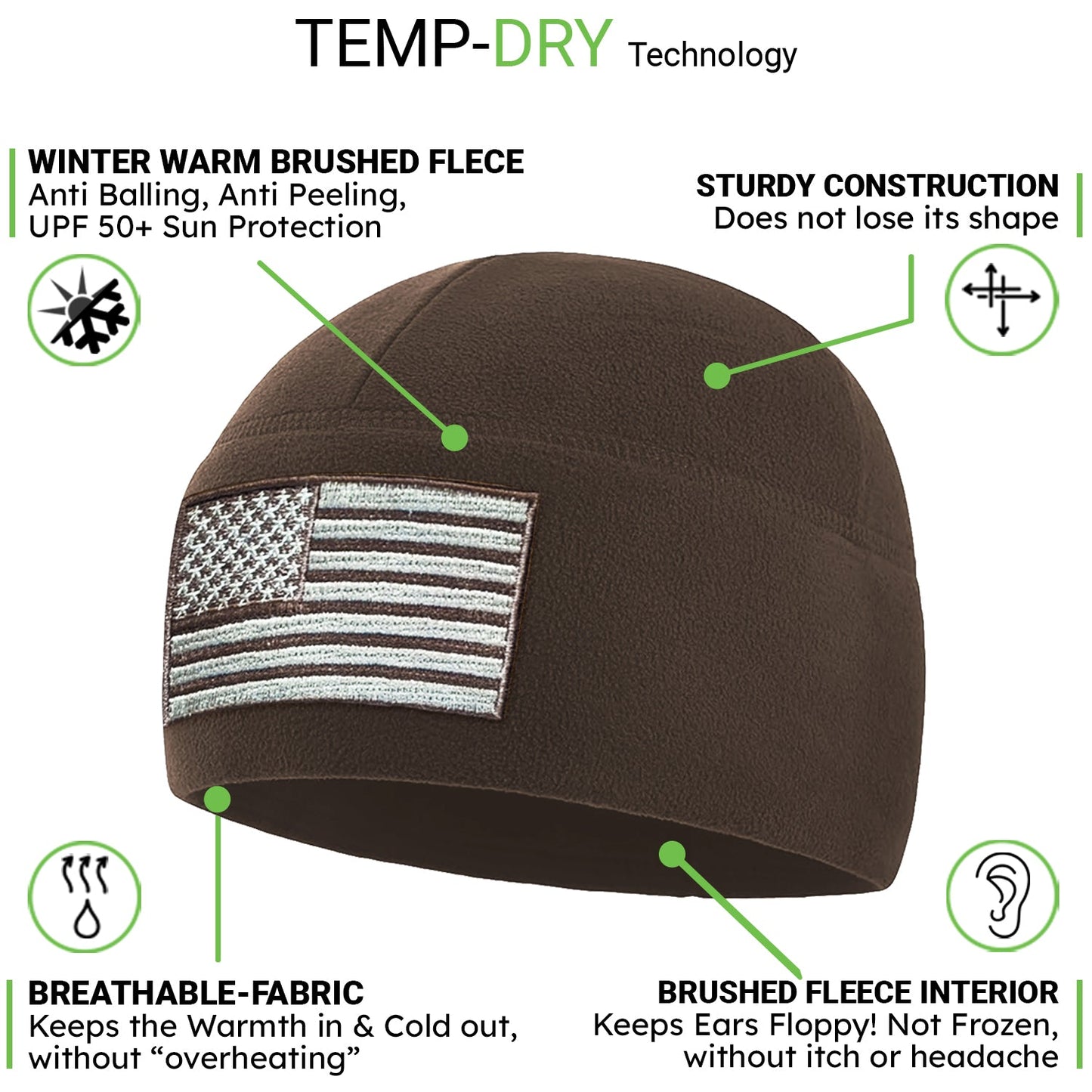 Temple Tape Premium Brushed Fleece Tactical Watch Cap Warm Beanie - American Flag
