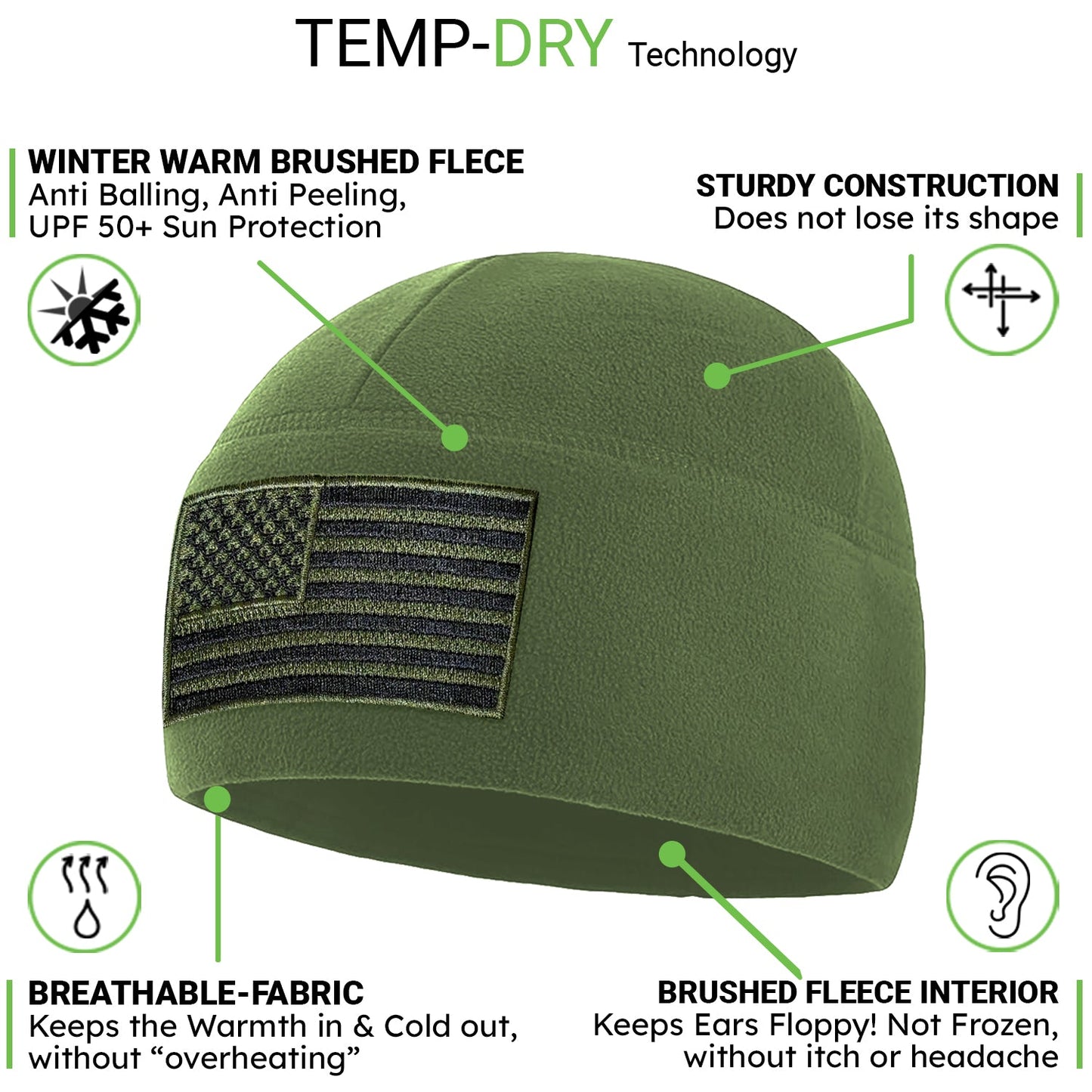 Temple Tape Premium Brushed Fleece Tactical Watch Cap Warm Beanie - American Flag