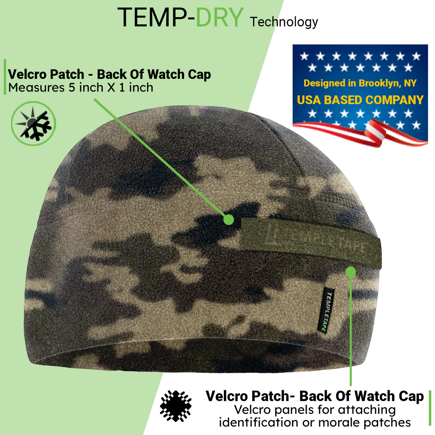 Temple Tape Premium Brushed Fleece Tactical Watch Cap Warm Beanie - Velcro Patch Beanies