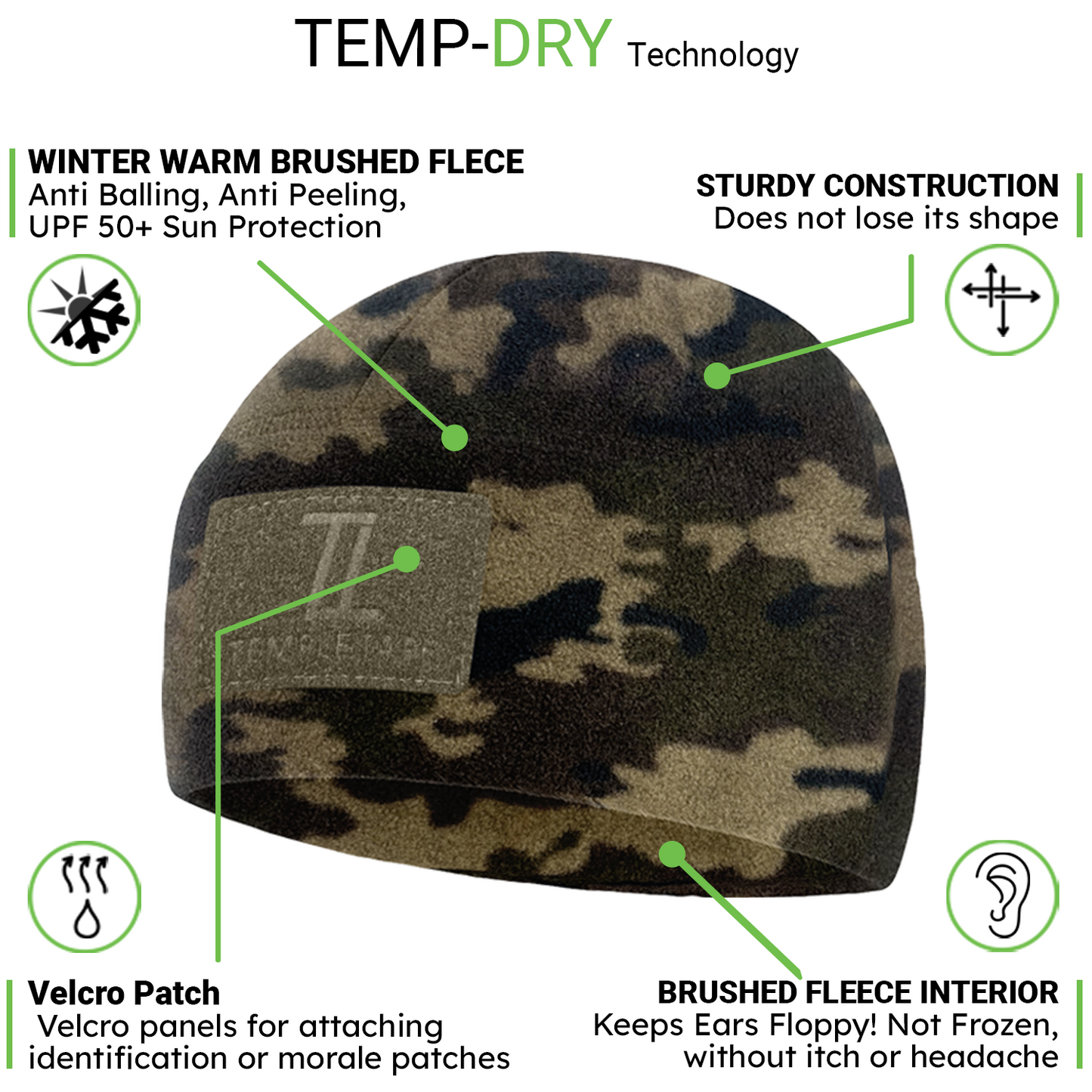 Temple Tape Premium Brushed Fleece Tactical Watch Cap Warm Beanie - Velcro Patch Beanies