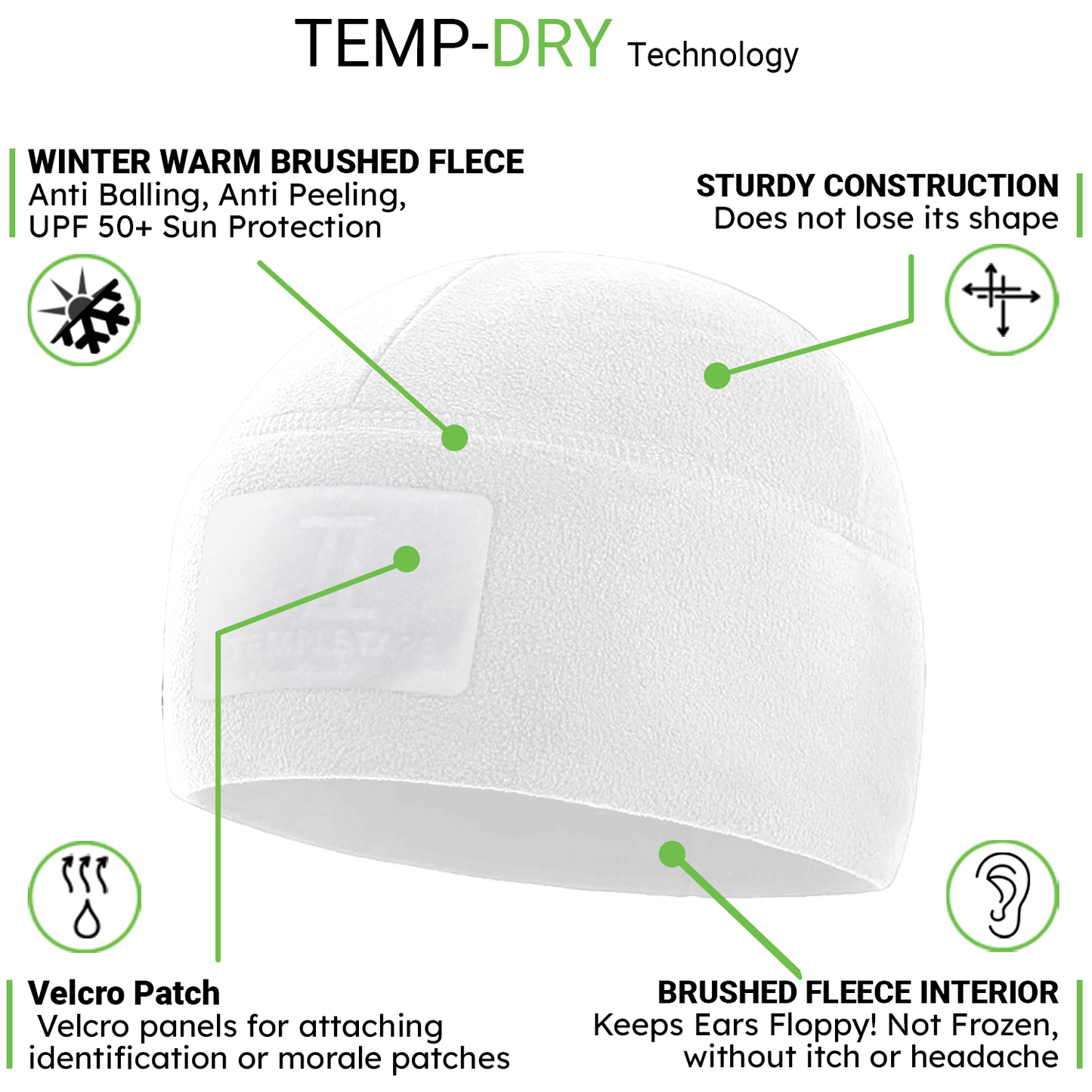 Temple Tape Premium Brushed Fleece Tactical Watch Cap Warm Beanie - Velcro Patch Beanies