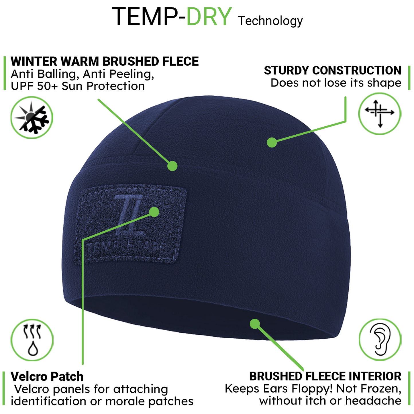 Temple Tape Premium Brushed Fleece Tactical Watch Cap Warm Beanie - Velcro Patch Beanies