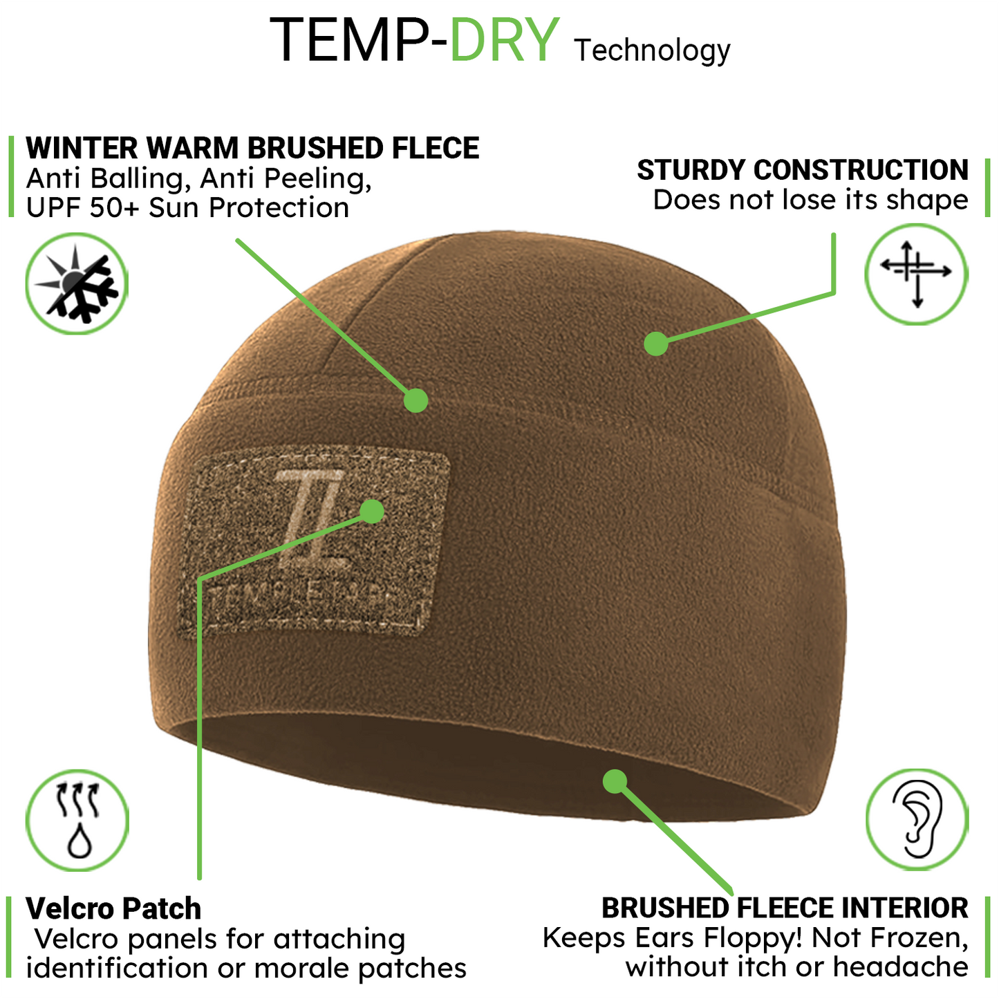 Temple Tape Premium Brushed Fleece Tactical Watch Cap Warm Beanie - Velcro Patch Beanies