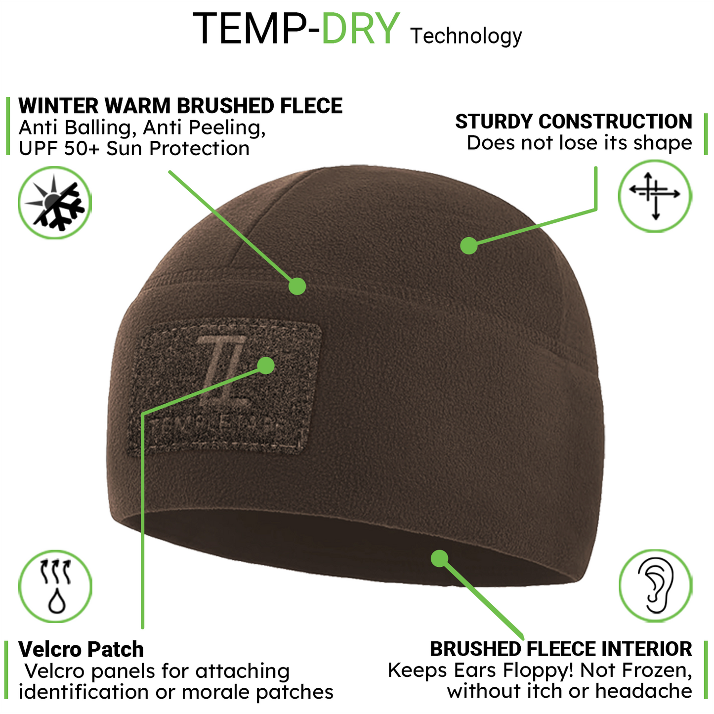 Temple Tape Premium Brushed Fleece Tactical Watch Cap Warm Beanie - Velcro Patch Beanies