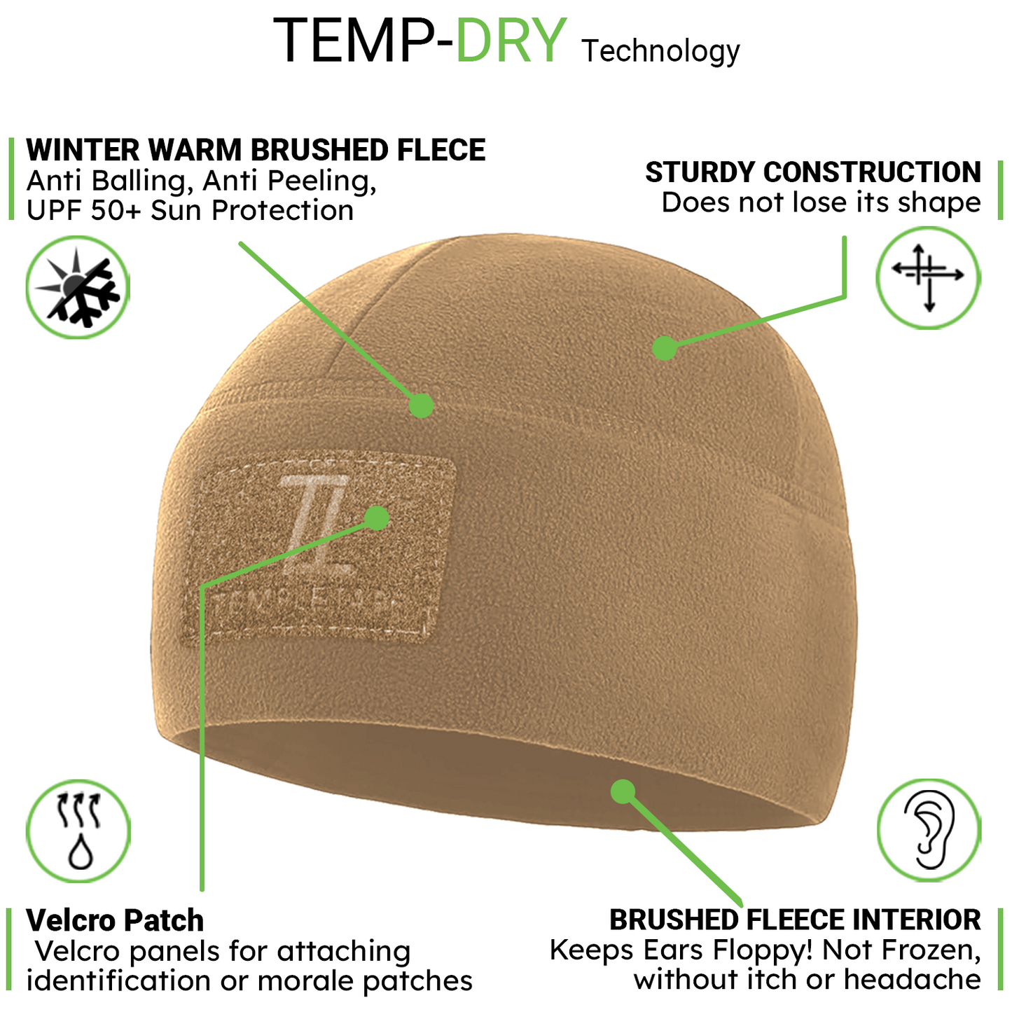 Temple Tape Premium Brushed Fleece Tactical Watch Cap Warm Beanie - Velcro Patch Beanies