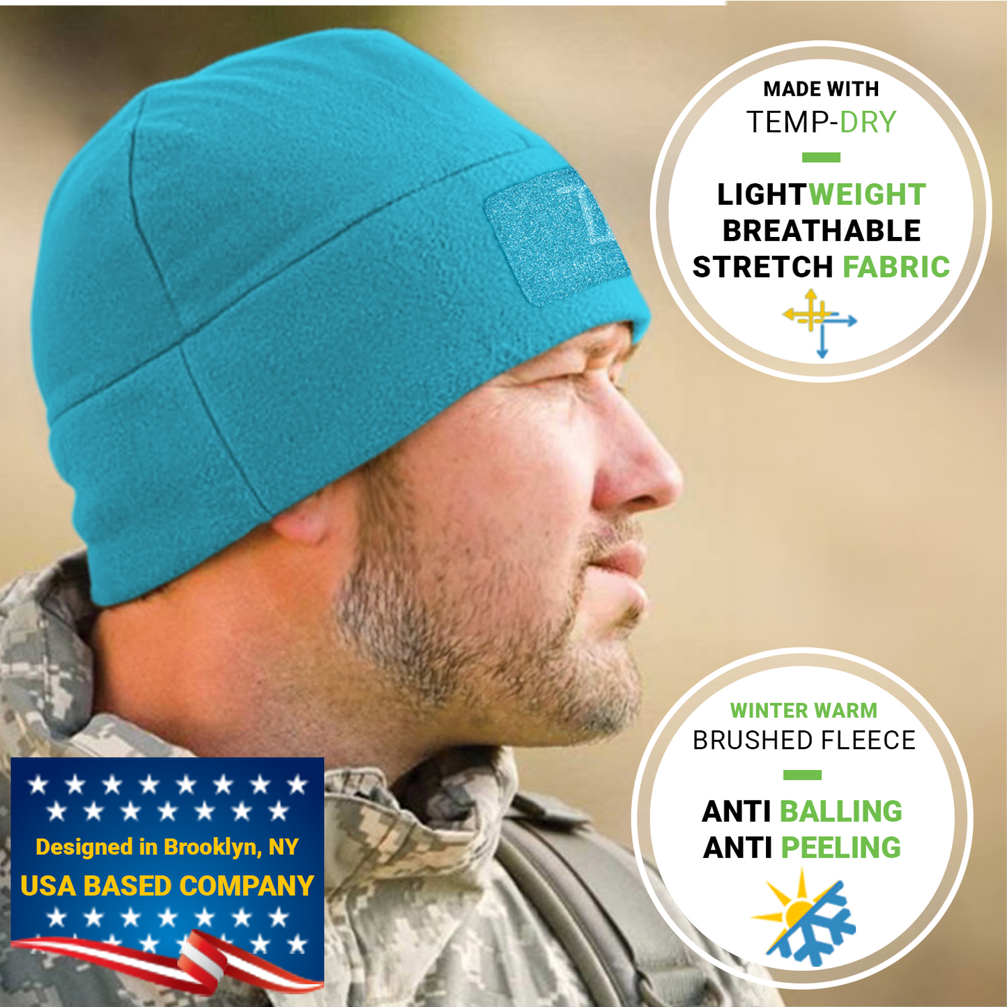 Temple Tape Premium Brushed Fleece Tactical Watch Cap Warm Beanie - Velcro Patch Beanies