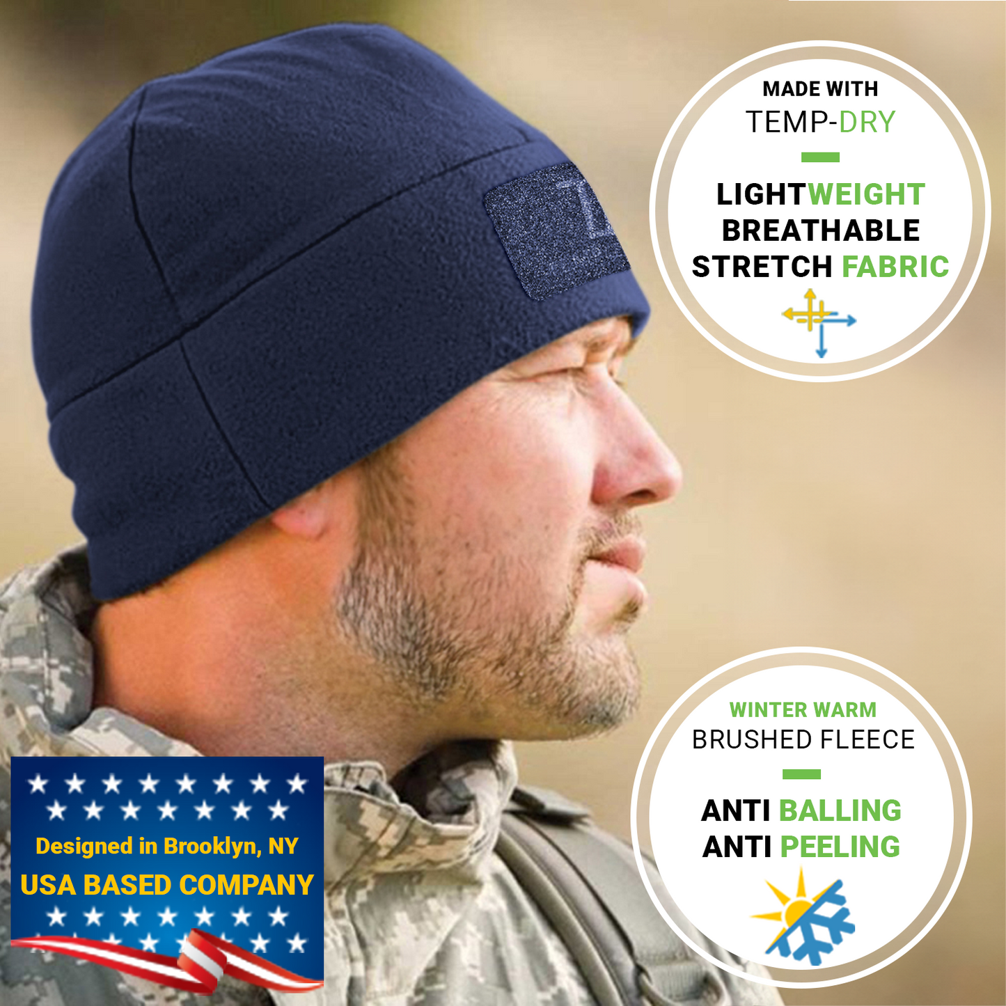 Temple Tape Premium Brushed Fleece Tactical Watch Cap Warm Beanie - Velcro Patch Beanies