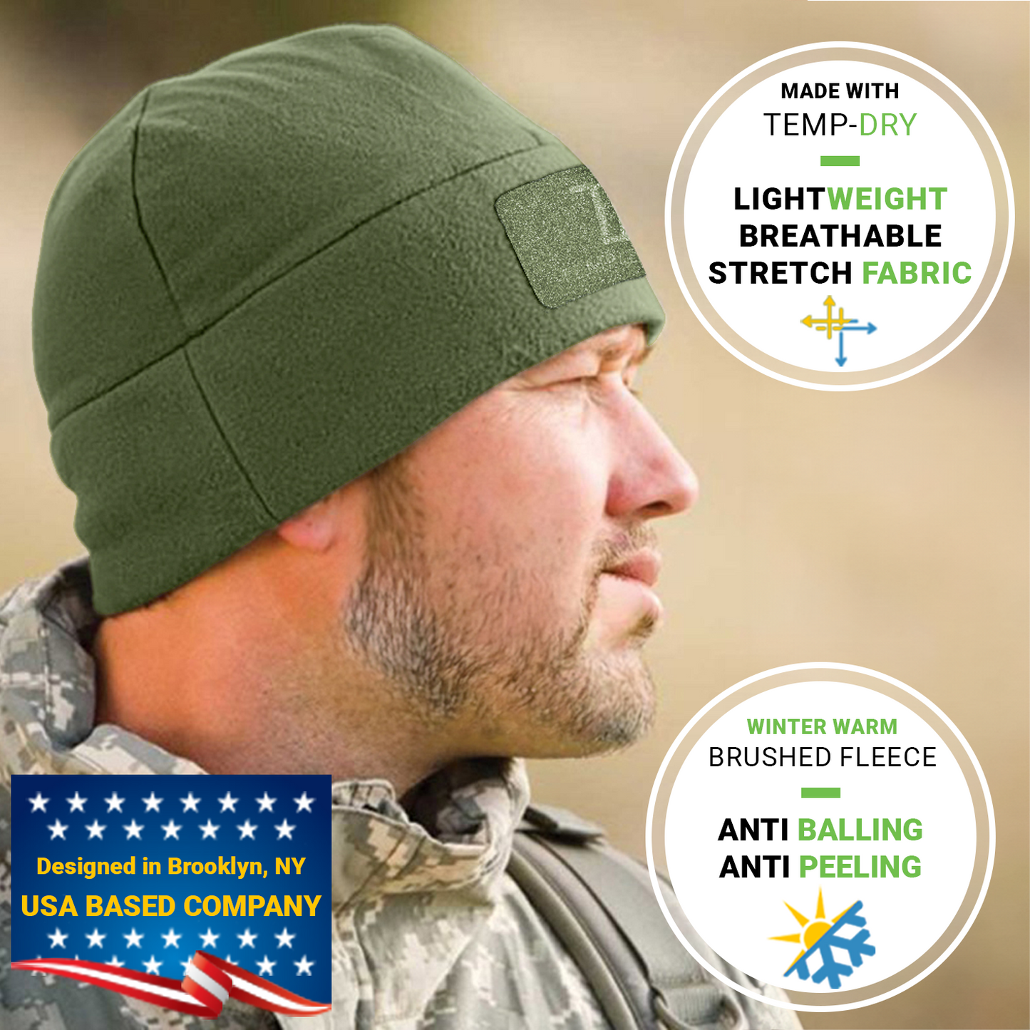 Temple Tape Premium Brushed Fleece Tactical Watch Cap Warm Beanie - Velcro Patch Beanies
