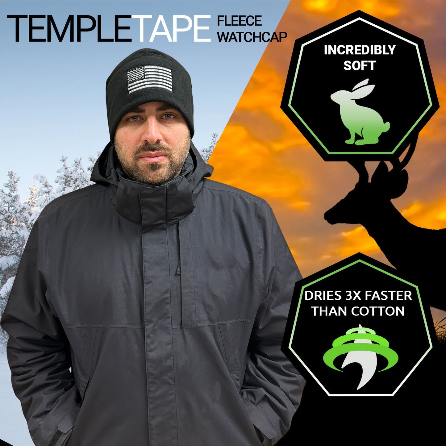 Temple Tape Premium Brushed Fleece Tactical Watch Cap Warm Beanie - American Flag
