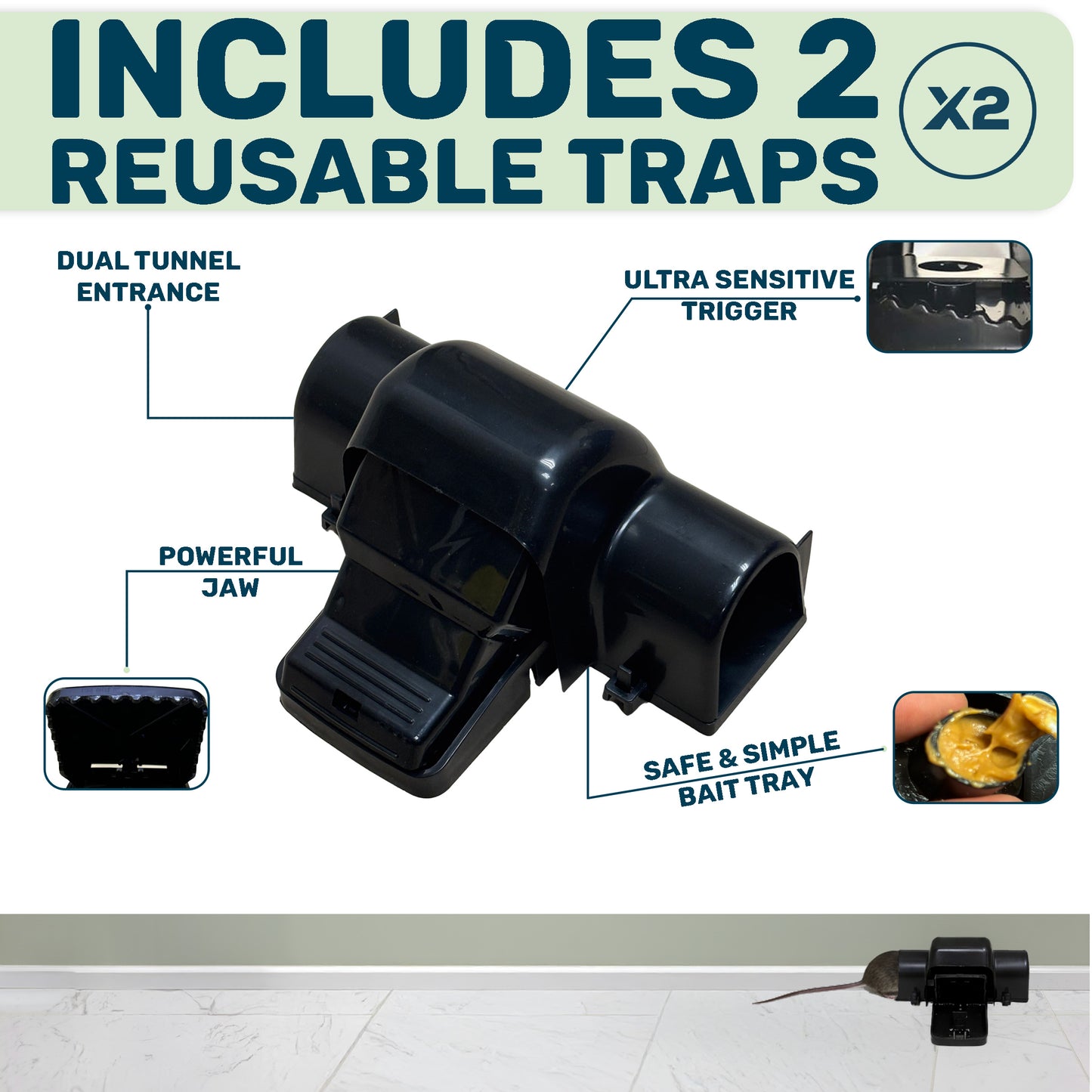 W4W Dual-Entry Rat Trap - Enclosed Tunnel Helps Reduce Accidental Triggering, Guides Rats, Mice & Chipmunks - Quick-Kill Snap Design - Hides Catch for Easy Disposal - Indoor/Outdoor - Reusable