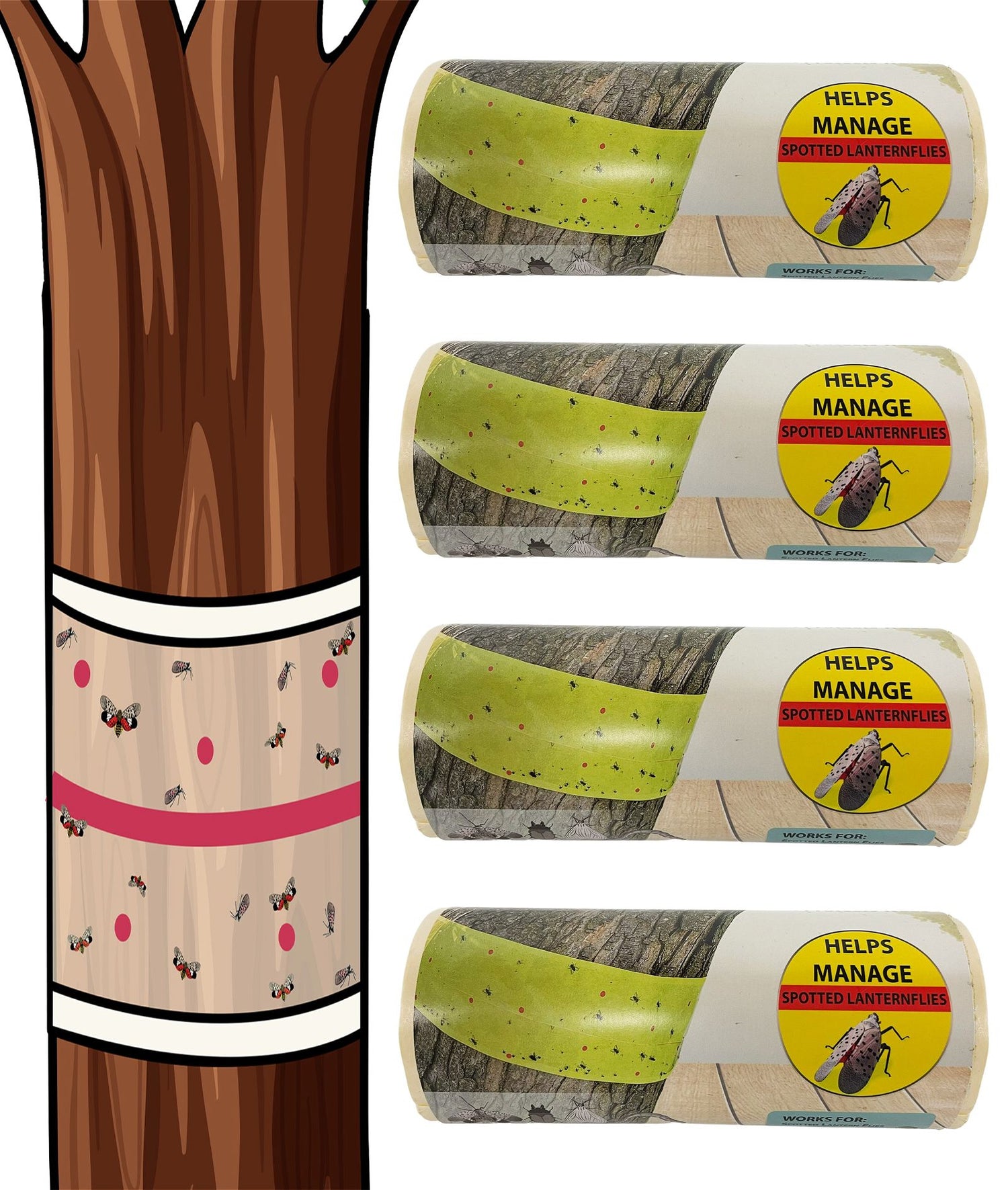 Spotted Lantern Fly Tree Trap - 4 Rolls (30 Feet Each Roll) - Lanternfly Tree Tape Creates a Sticky Barrier Protecting Trees from Harmful Insects - Non-Toxic - W4W Products 