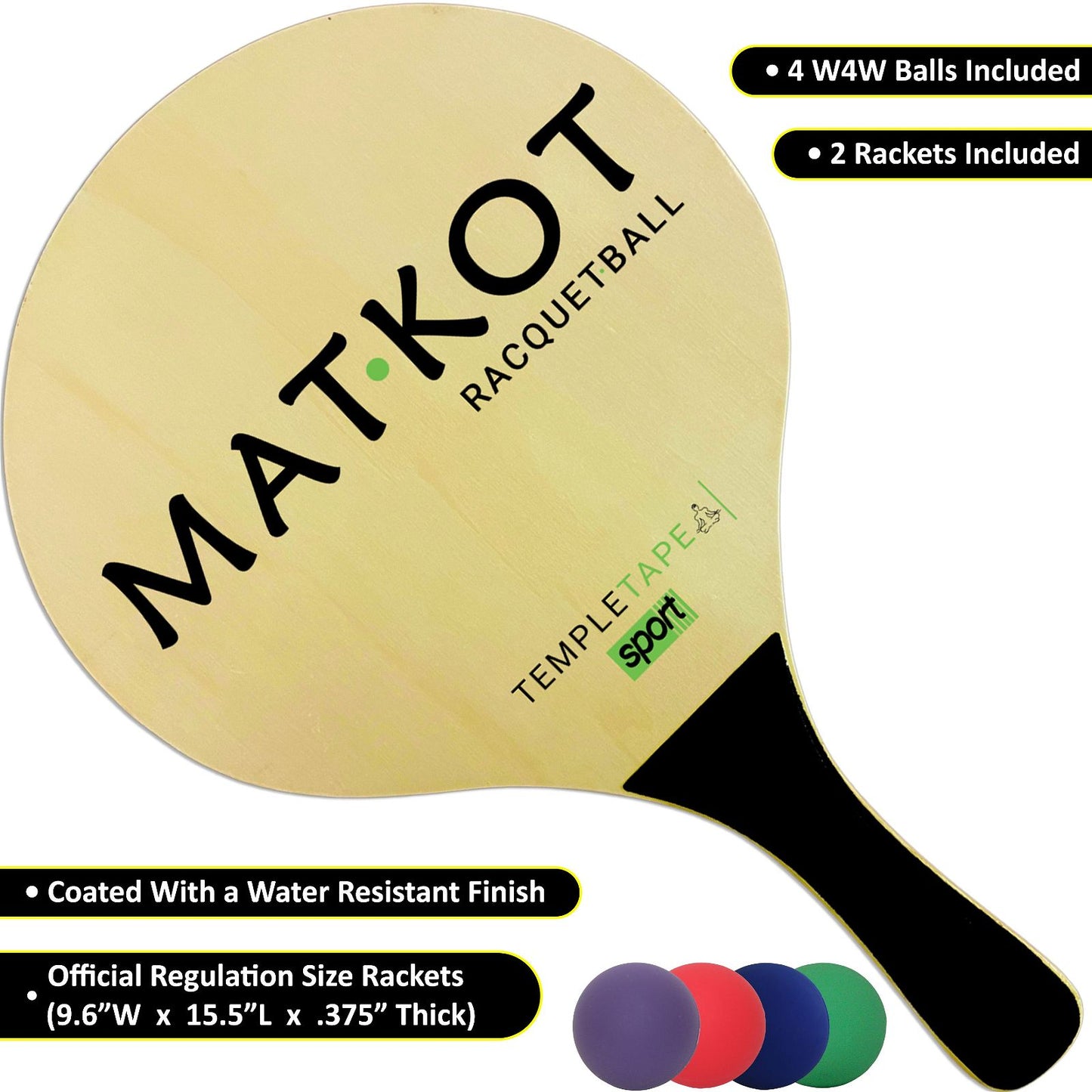 W4W Kadima Beach Paddle Ball Racket Set - Bundle Pack Includes 4 Balls & 2 Paddles - Natural - Ages 15+ - W4W Products 