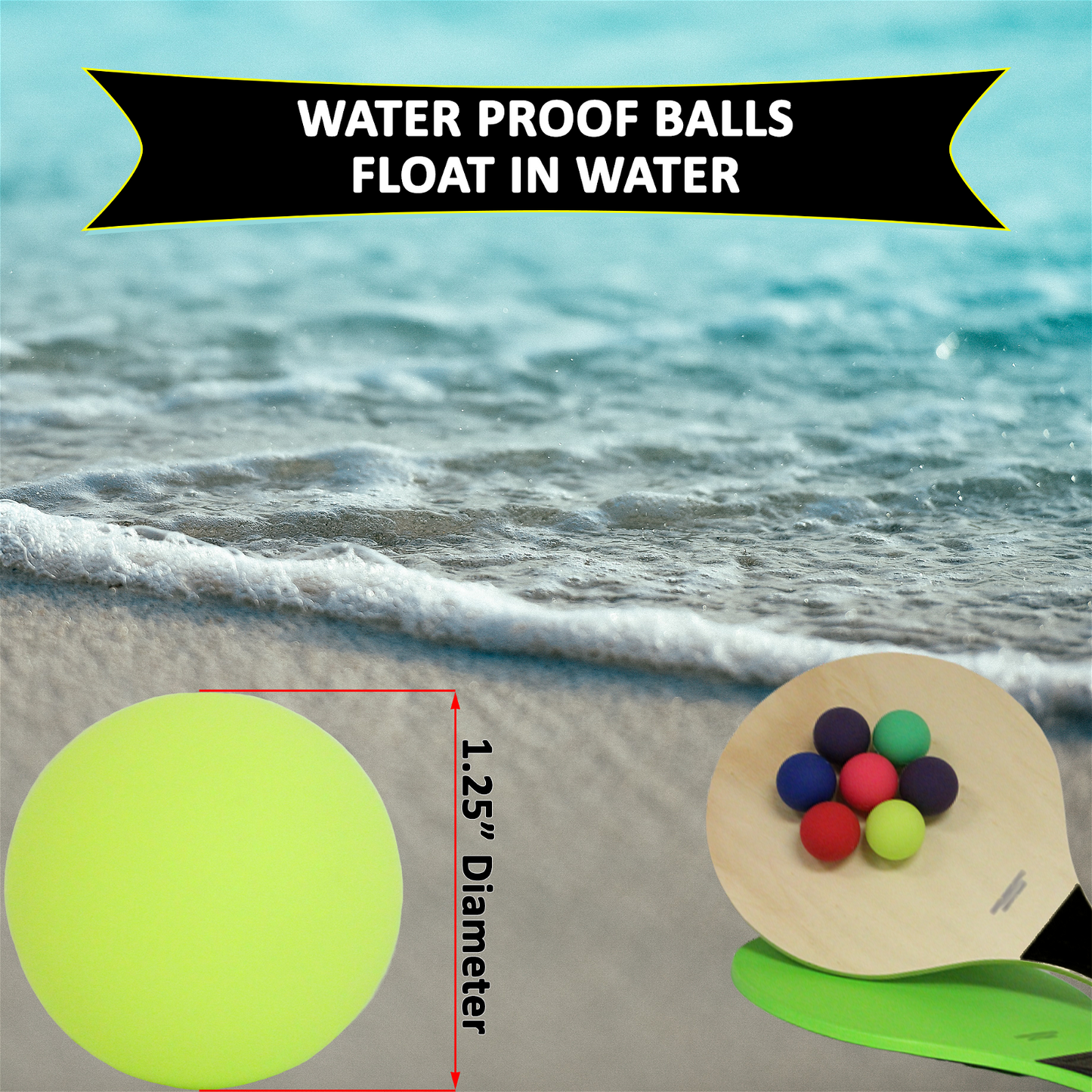 W4W Kadima Beach Paddle Ball Racket Set - Bundle Pack Includes 4 Balls & 2 Paddles - Natural - Ages 15+ - W4W Products 